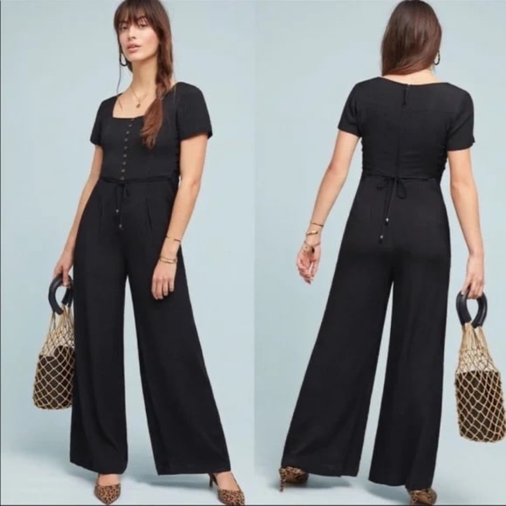Anthropologie Maeve Sienna Jumpsuit Size 4 Black Square Neck Wide Leg Pockets